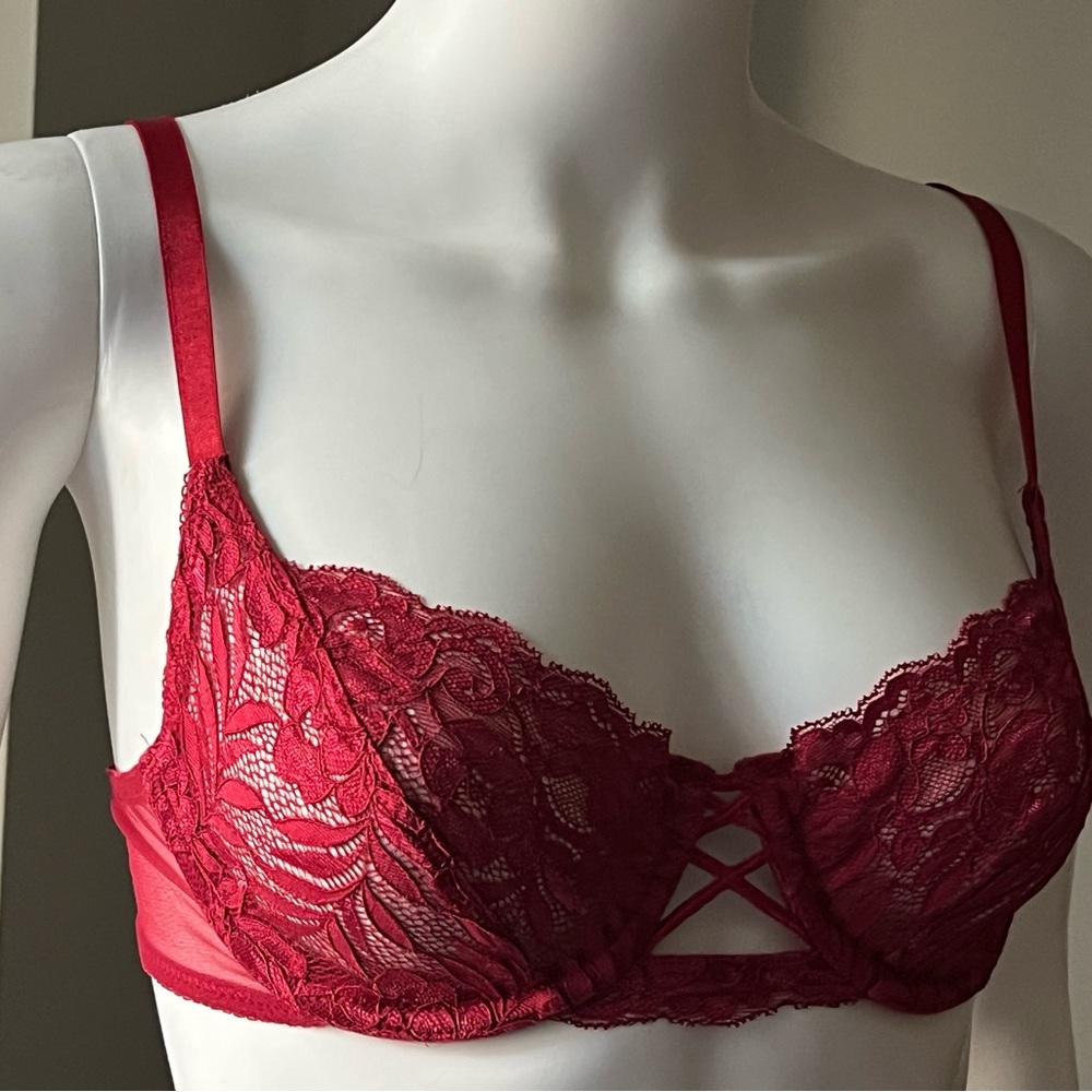 Unique Moments Red Floral Lace Balcony Push Up Bra 34B